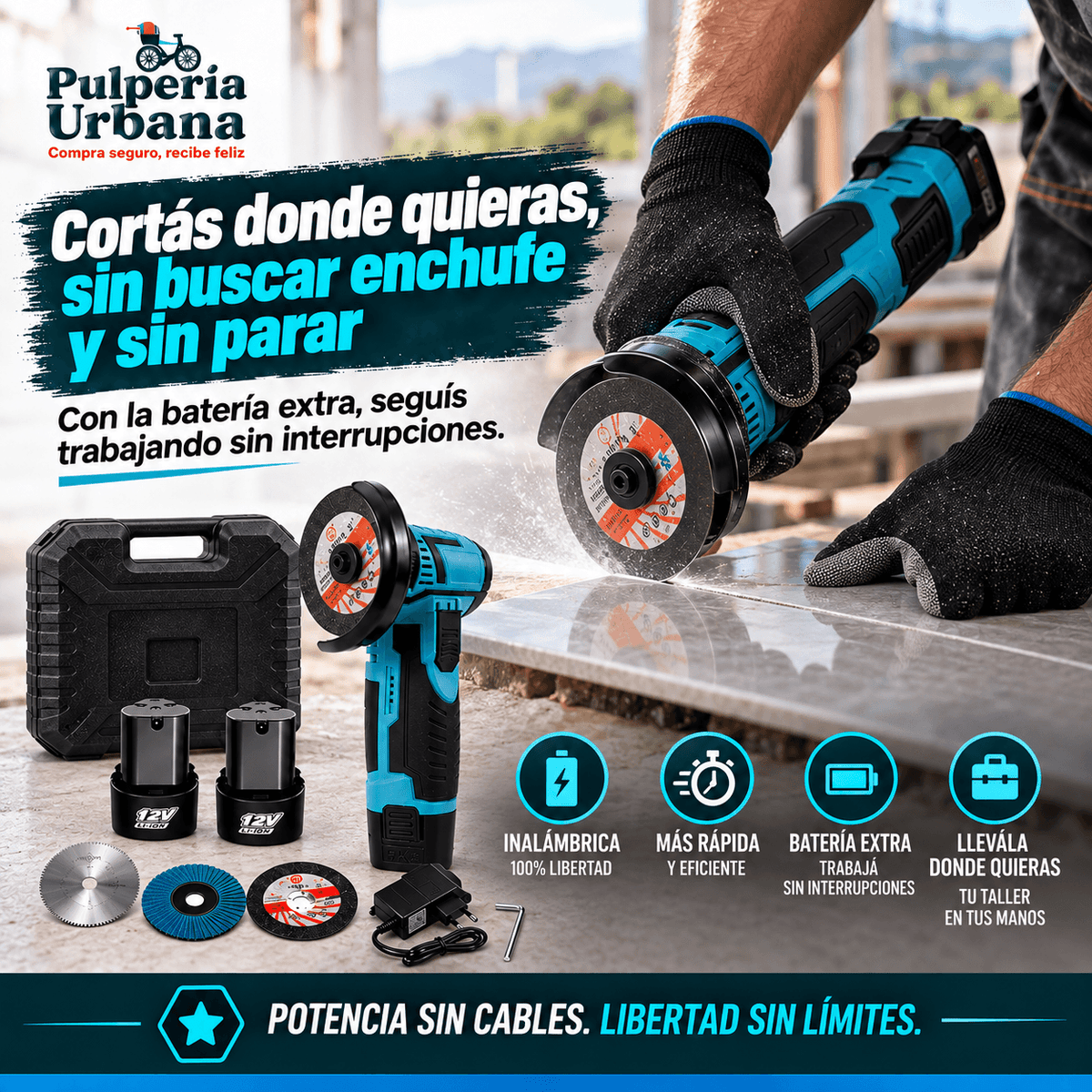 ⚡ Amoladora Pro 12V™ — Kit inalámbrico con 2 baterías